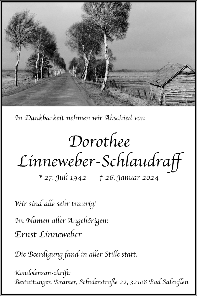  Traueranzeige für Dorothee Linneweber-Schlaudraff vom 17.02.2024 aus Lippische Landes-Zeitung