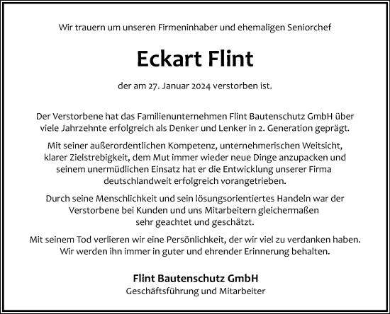 Anzeige  Eckart Flint  Lippische Landes-Zeitung