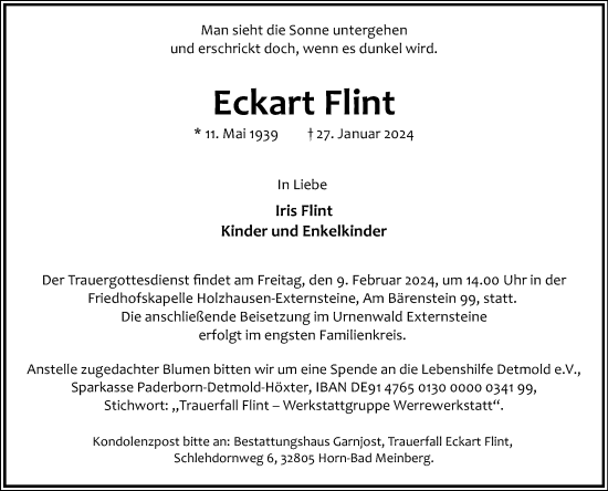 Anzeige  Eckart Flint  Lippische Landes-Zeitung