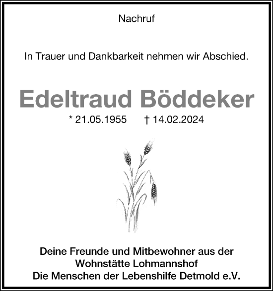 Anzeige  Edeltraud Böddeker  Lippische Landes-Zeitung