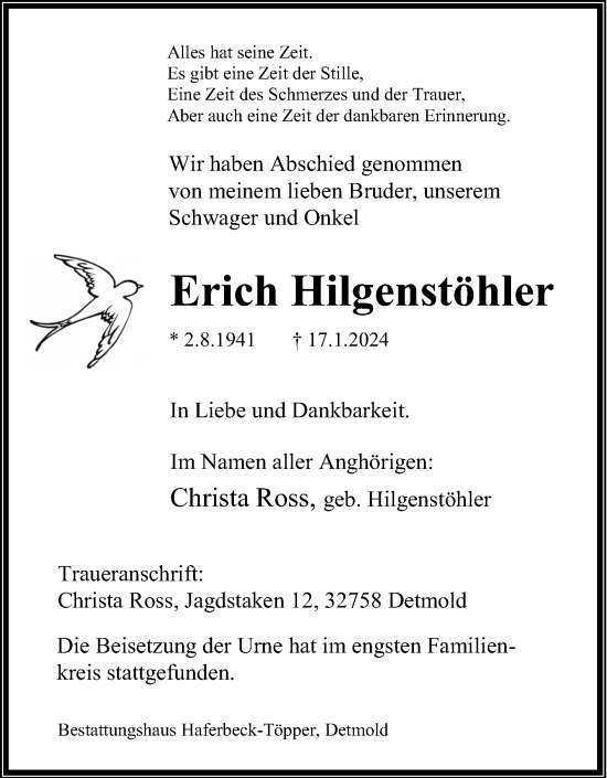 Anzeige  Erich Hilgenstöhler  Lippische Landes-Zeitung