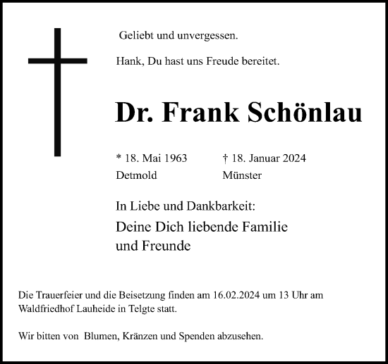 Anzeige  Frank Schönlau  Lippische Landes-Zeitung