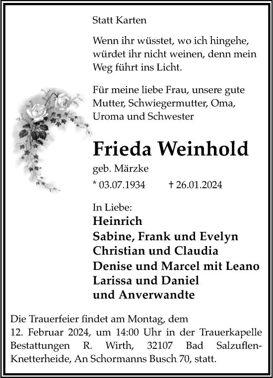 Anzeige  Frieda Weinhold  Lippische Landes-Zeitung