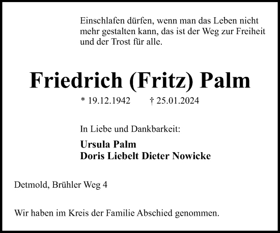 Anzeige  Friedrich Palm  Lippische Landes-Zeitung