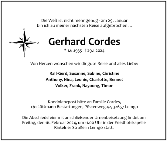 Anzeige  Gerhard Cordes  Lippische Landes-Zeitung