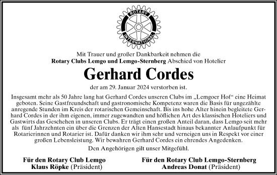 Anzeige  Gerhard Cordes  Lippische Landes-Zeitung