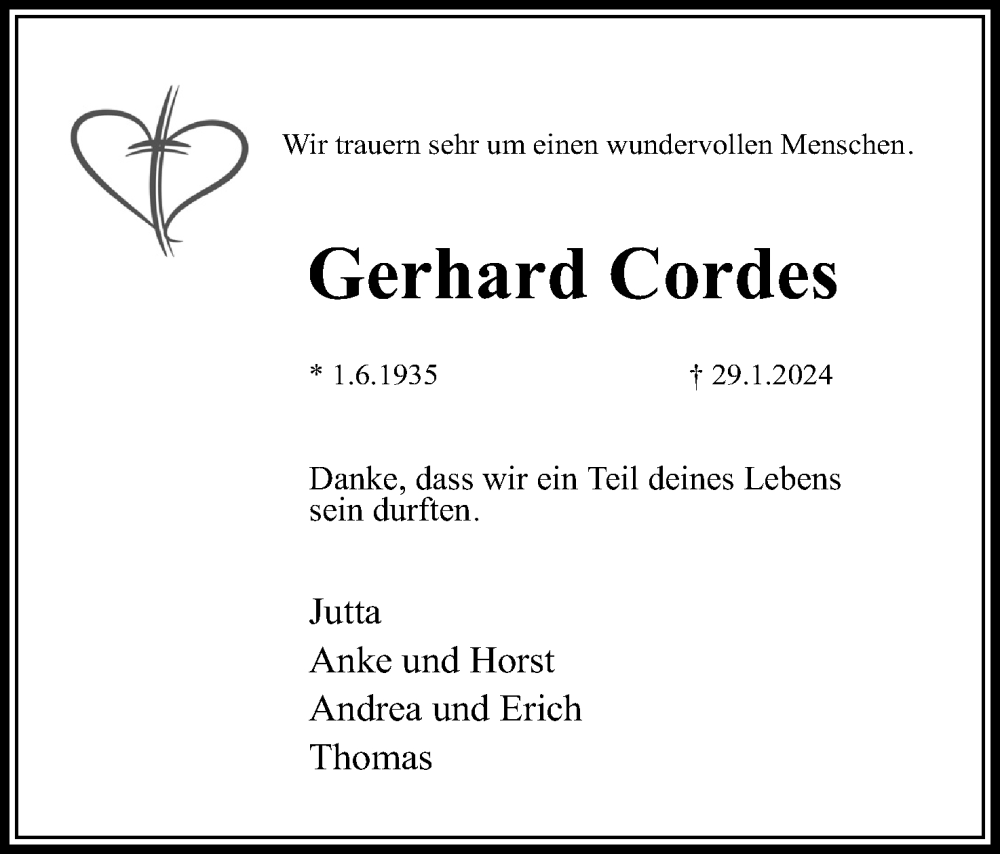  Traueranzeige für Gerhard Cordes vom 03.02.2024 aus Lippische Landes-Zeitung
