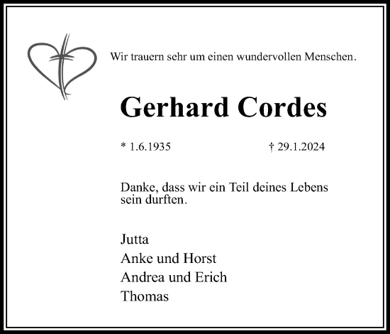 Anzeige  Gerhard Cordes  Lippische Landes-Zeitung