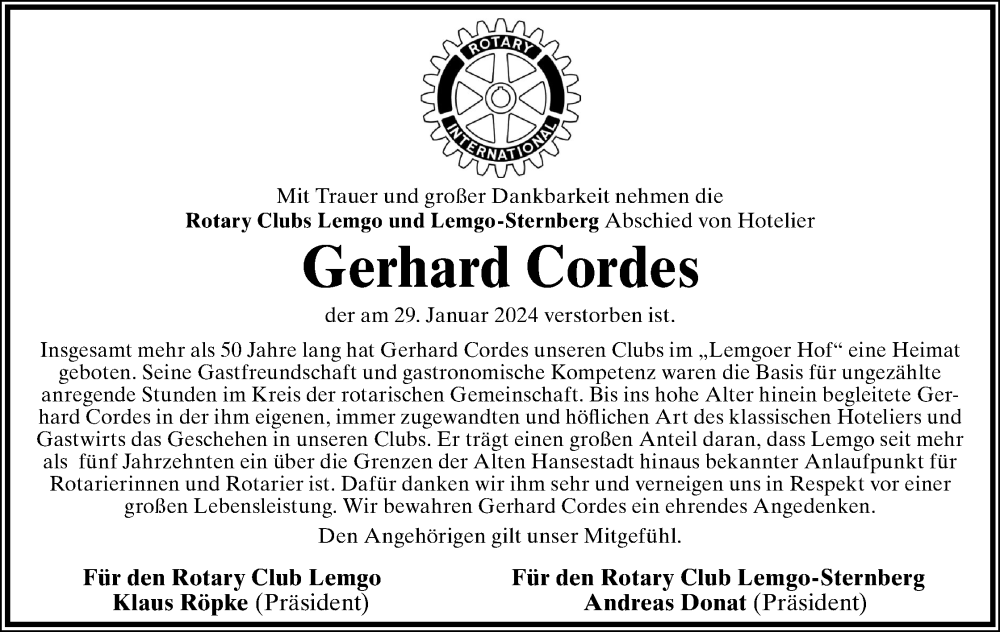  Traueranzeige für Gerhard Cordes vom 07.02.2024 aus Lippische Landes-Zeitung