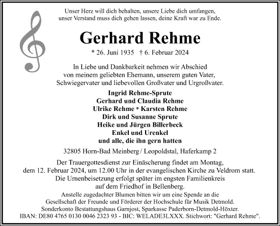 Anzeige  Gerhard Rehme  Lippische Landes-Zeitung