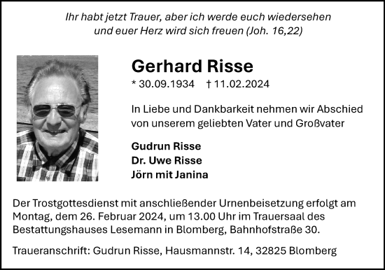 Anzeige  Gerhard Risse  Lippische Landes-Zeitung