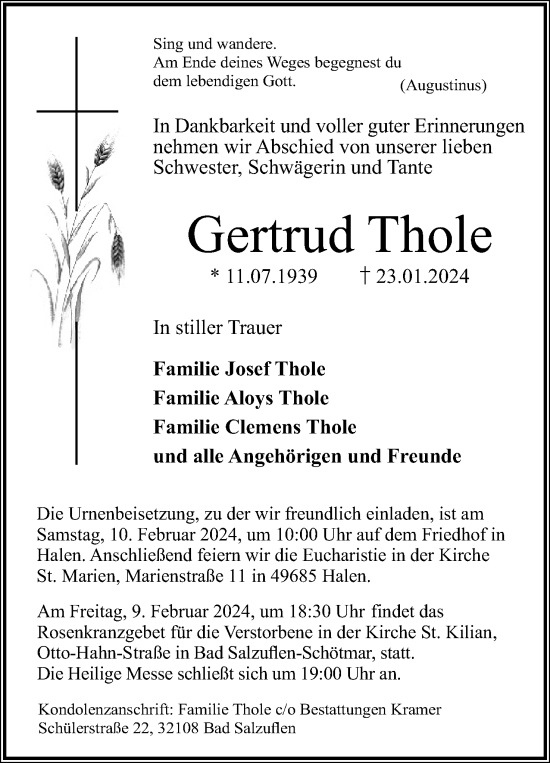 Anzeige  Gertrud Thole  Lippische Landes-Zeitung