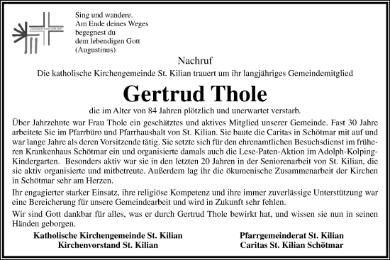 Anzeige  Gertrud Thole  Lippische Landes-Zeitung