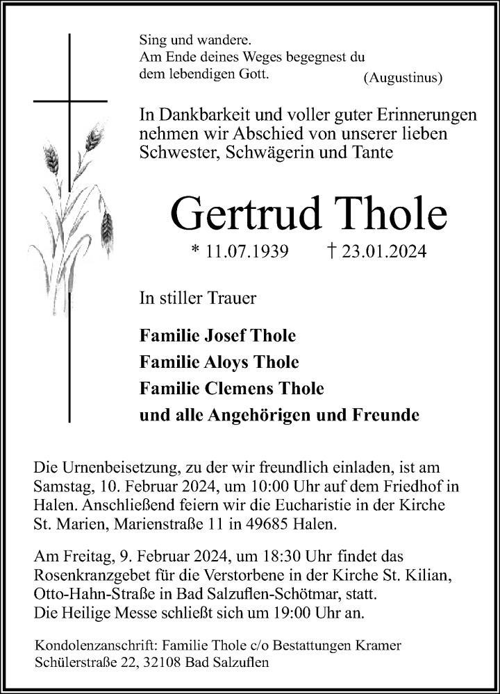  Traueranzeige für Gertrud Thole vom 03.02.2024 aus Lippische Landes-Zeitung