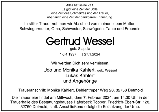 Anzeige  Gertrud Wessel  Lippische Landes-Zeitung