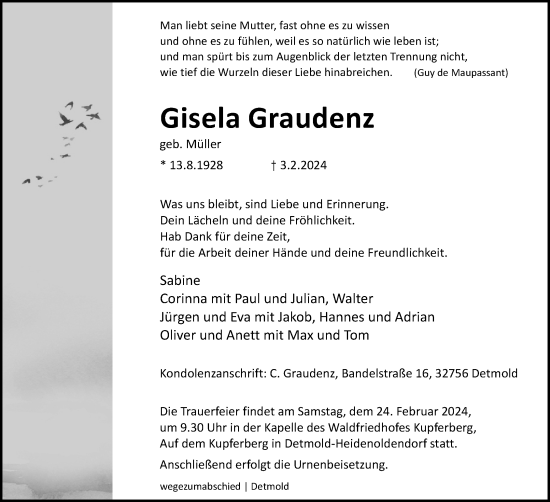 Anzeige  Gisela Graudenz  Lippische Landes-Zeitung