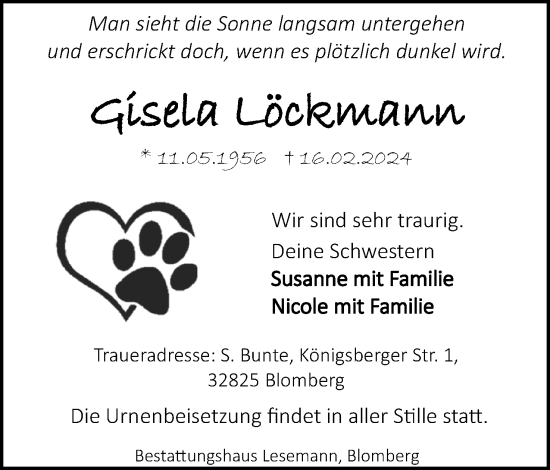 Anzeige  Gisela Löckmann  Lippische Landes-Zeitung
