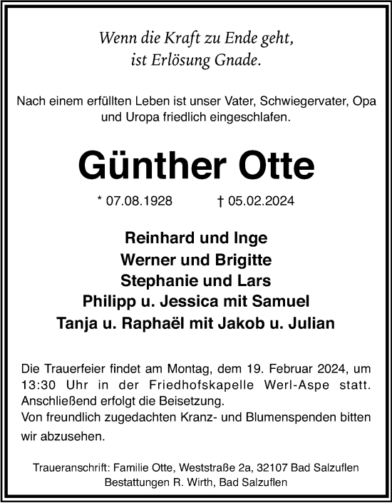 Anzeige  Günther Otte  Lippische Landes-Zeitung