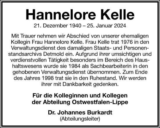 Anzeige  Hannelore Kelle  Lippische Landes-Zeitung