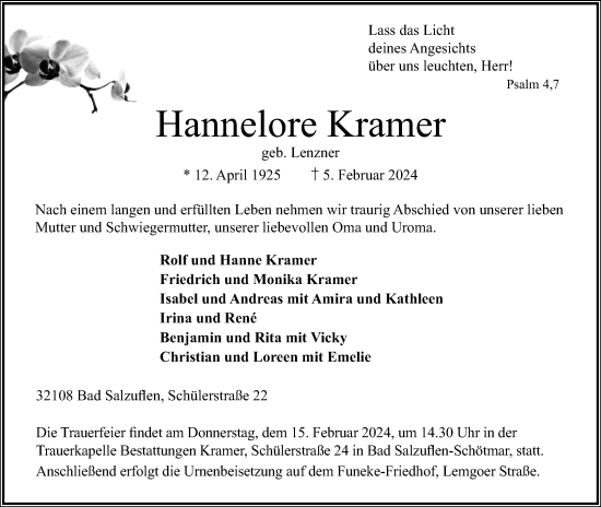 Anzeige  Hannelore Kramer  Lippische Landes-Zeitung