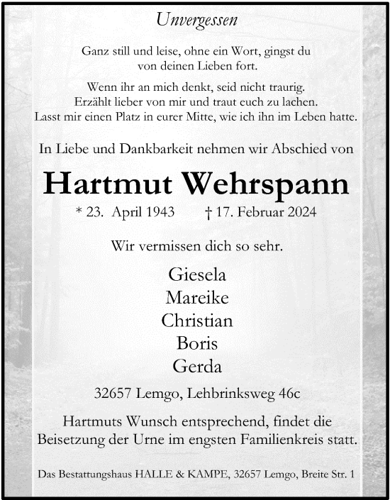 Anzeige  Hartmut Wehrspann  Lippische Landes-Zeitung