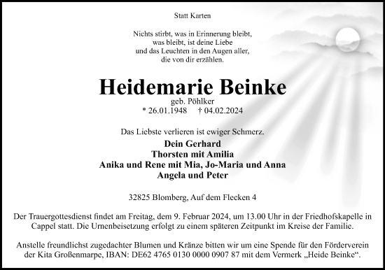 Anzeige  Heidemarie Beinke  Lippische Landes-Zeitung