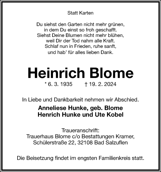 Anzeige  Heinrich Blome  Lippische Landes-Zeitung