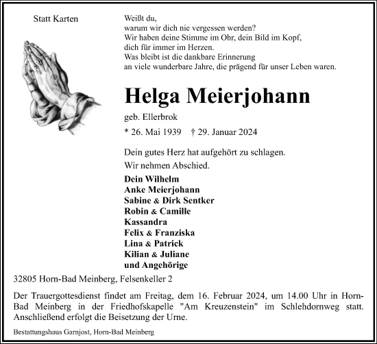 Anzeige  Helga Meierjohann  Lippische Landes-Zeitung