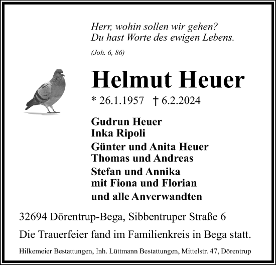 Anzeige  Helmut Heuer  Lippische Landes-Zeitung