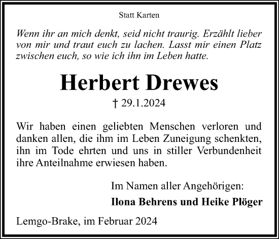 Anzeige  Herbert Drewes  Lippische Landes-Zeitung
