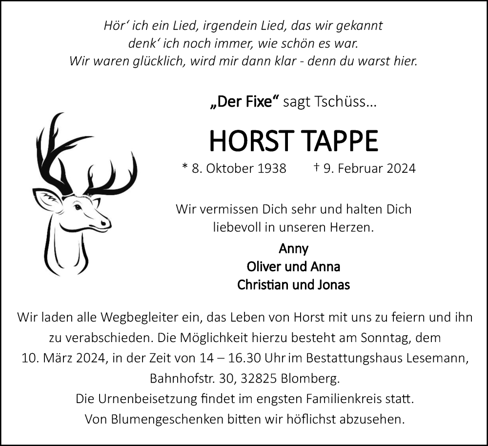  Traueranzeige für Horst Tappe vom 17.02.2024 aus Lippische Landes-Zeitung