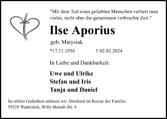Anzeige  Ilse Aporius  Lippische Landes-Zeitung