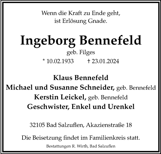 Anzeige  Ingeborg Bennefeld  Lippische Landes-Zeitung