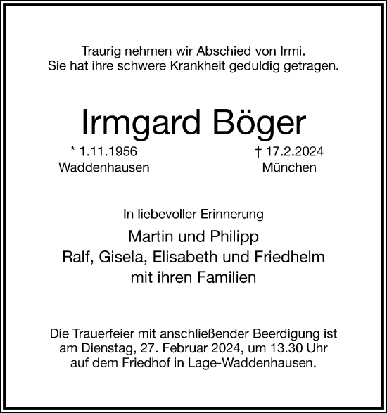 Anzeige  Irmgard Böger  Lippische Landes-Zeitung