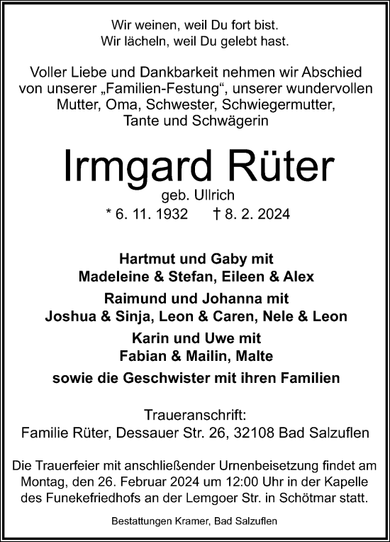 Anzeige  Irmgard Rüter  Lippische Landes-Zeitung