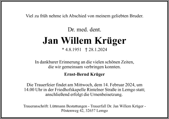 Anzeige  Jan Willem Krüger  Lippische Landes-Zeitung