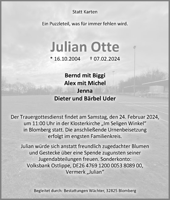 Anzeige  Julian Otte  Lippische Landes-Zeitung