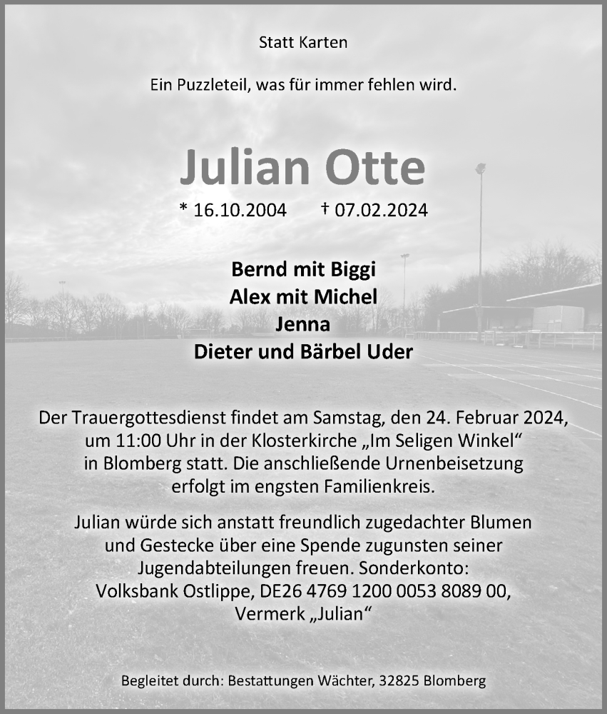  Traueranzeige für Julian Otte vom 17.02.2024 aus Lippische Landes-Zeitung