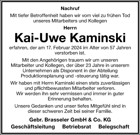 Anzeige  Kai-Uwe Kaminski  Lippische Landes-Zeitung