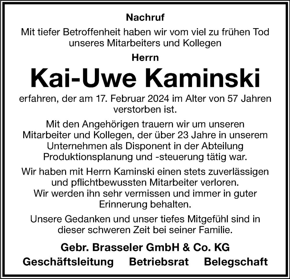  Traueranzeige für Kai-Uwe Kaminski vom 24.02.2024 aus Lippische Landes-Zeitung