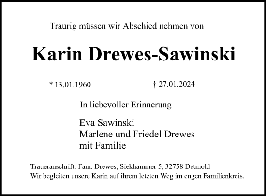 Anzeige  Karin Drewes-Sawinski  Lippische Landes-Zeitung