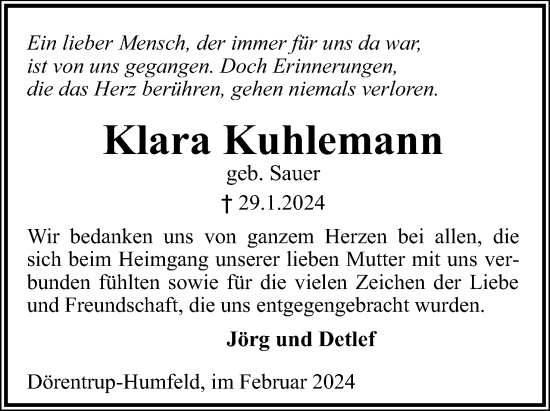 Anzeige  Klara Kuhlemann  Lippische Landes-Zeitung