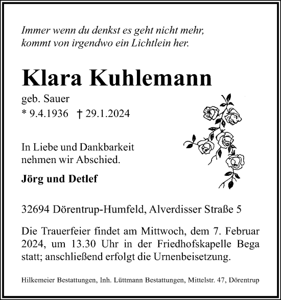 Anzeige  Klara Kuhlemann  Lippische Landes-Zeitung