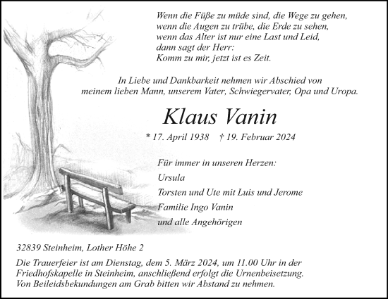 Anzeige  Klaus Vanin  Lippische Landes-Zeitung