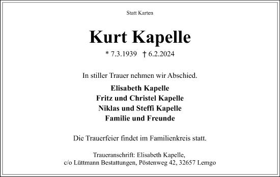 Anzeige  Kurt Kapelle  Lippische Landes-Zeitung