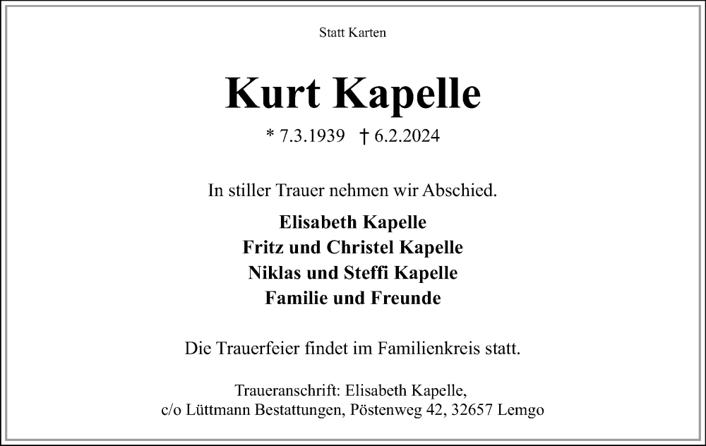  Traueranzeige für Kurt Kapelle vom 10.02.2024 aus Lippische Landes-Zeitung