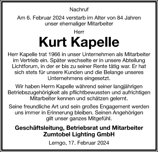 Anzeige  Kurt Kapelle  Lippische Landes-Zeitung
