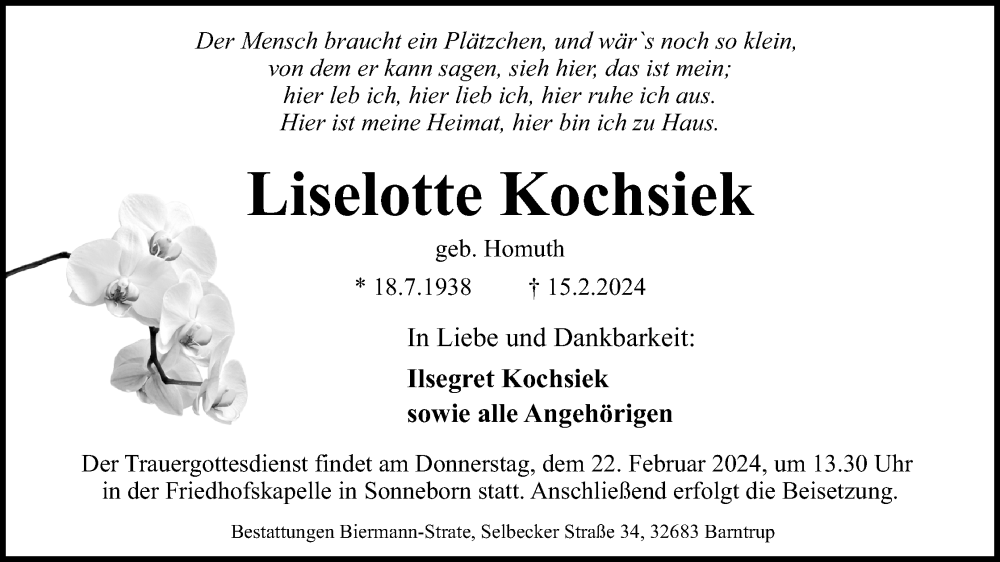 Traueranzeige für Liselotte Kochsiek vom 17.02.2024 aus Lippische Landes-Zeitung