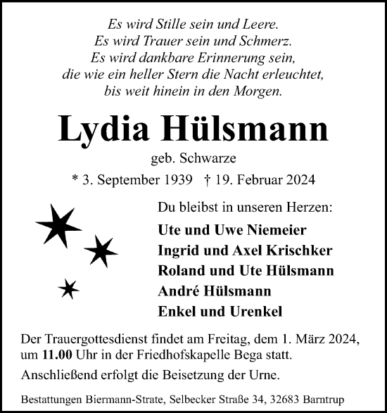 Anzeige  Lydia Hülsmann  Lippische Landes-Zeitung