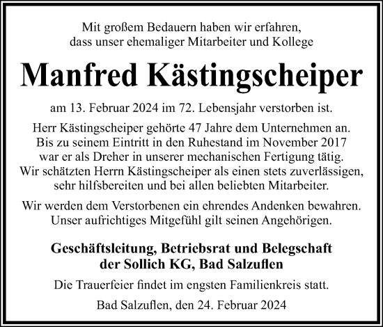 Anzeige  Manfred Kästingscheiper  Lippische Landes-Zeitung